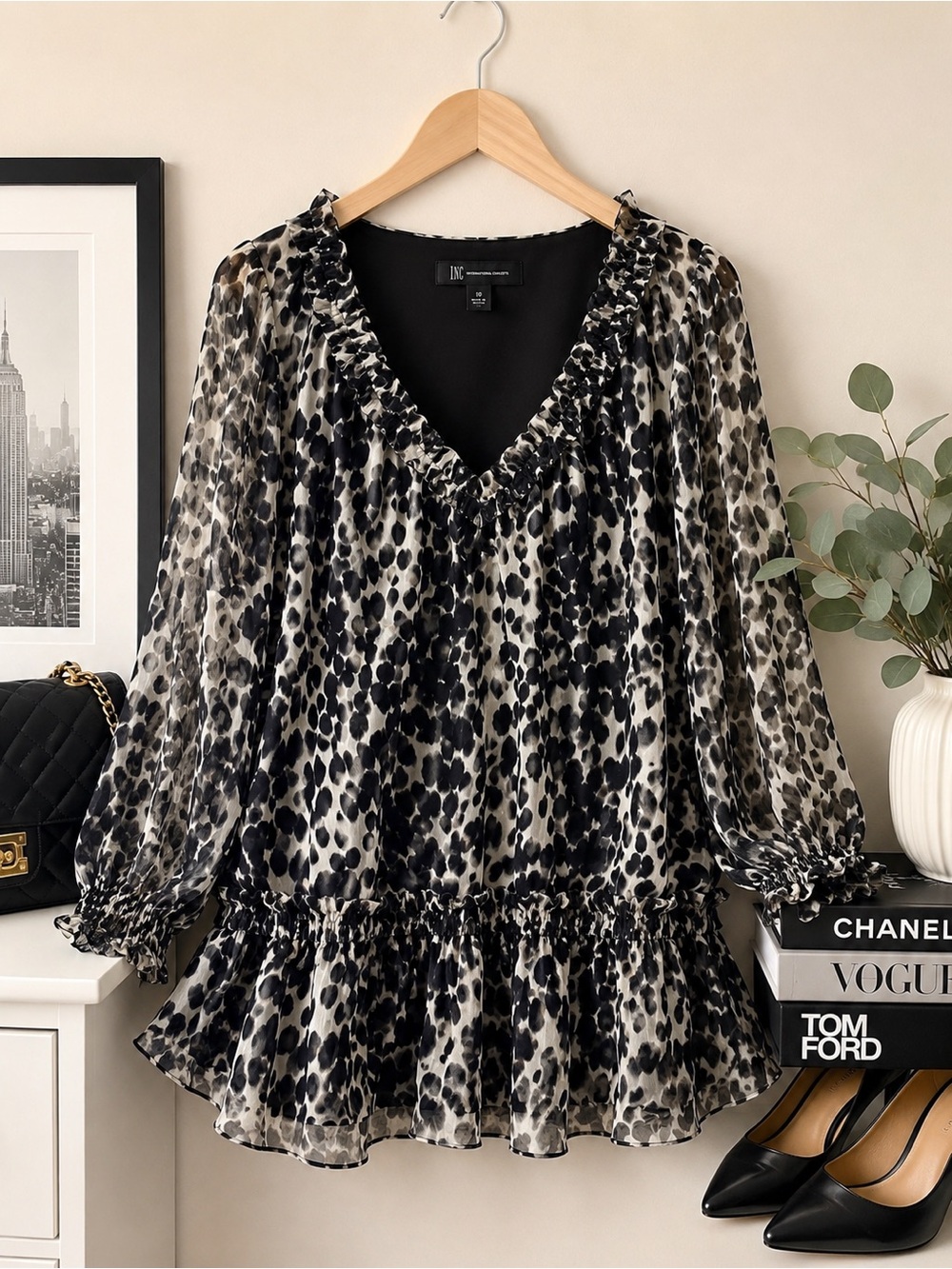 INC International Concepts 100% Silk Leopard Print Tunic Blouse –‎ Size 10